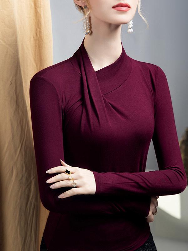 Autumn/Winter 2025 Women's Cross-Neck Long-Sleeve T-Shirt: Designer Chic Base Layer
