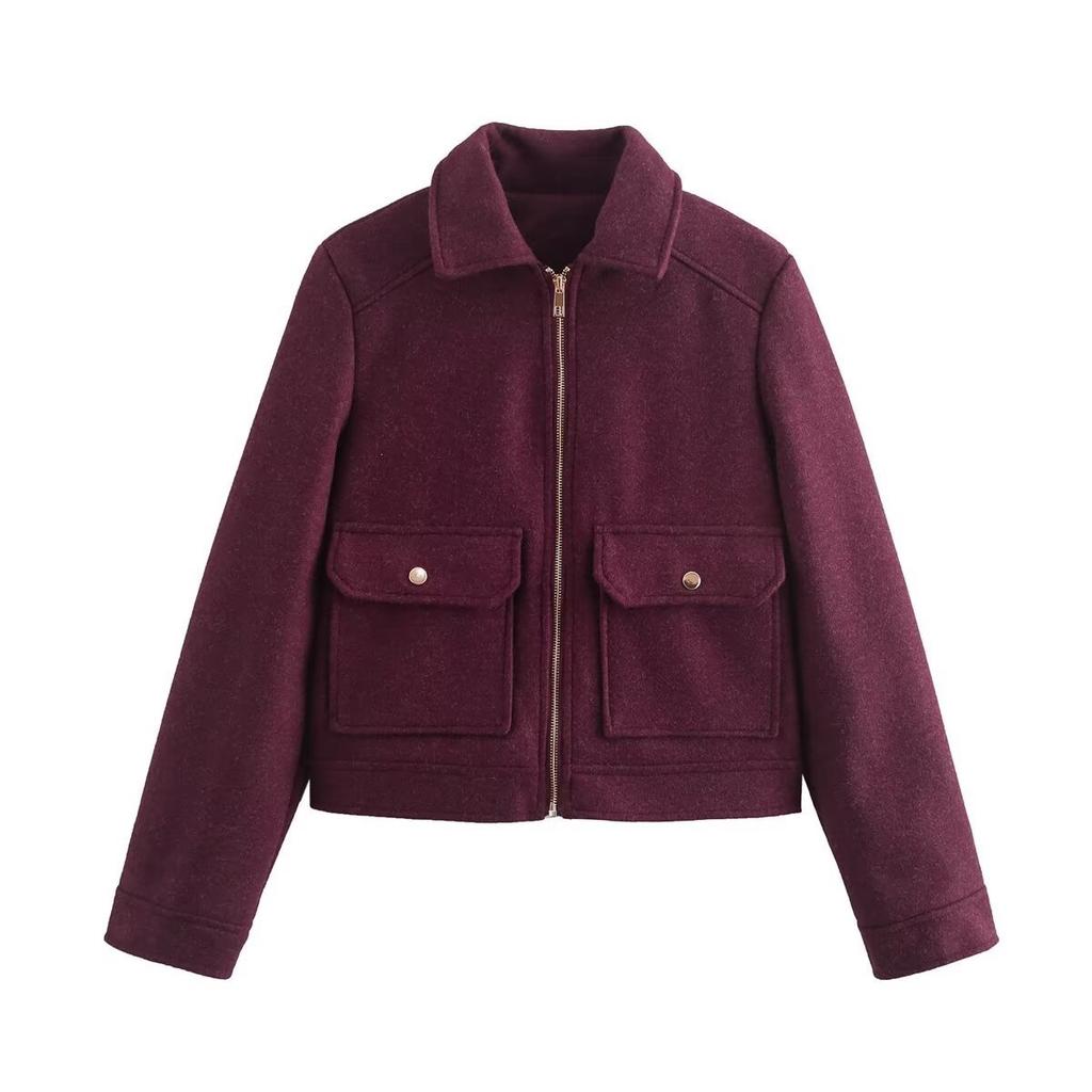 2026 spring new European and American cross-border women's clothing street fashion soft woolen zipper jacket with pockets w107 8779