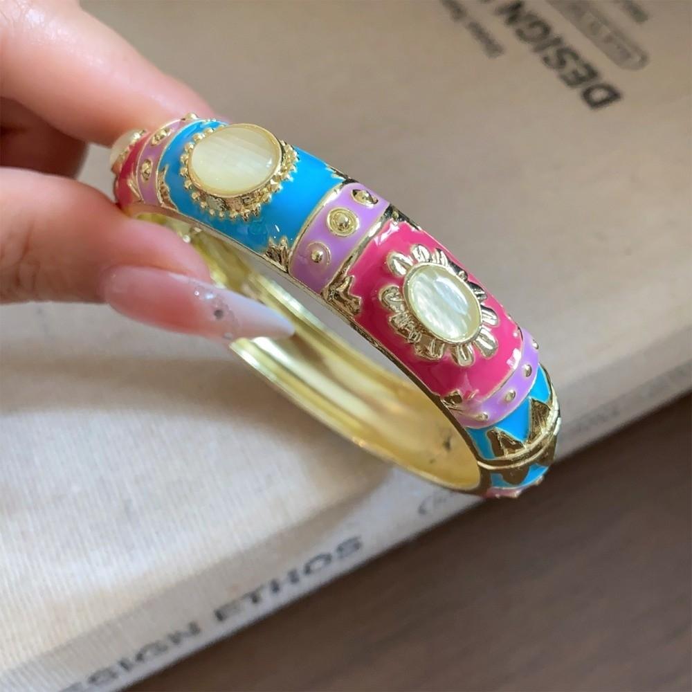 Enamel Floral Chinese Flower Bangle Cat's Eye Stone Women's Hand Bracelet Ladies