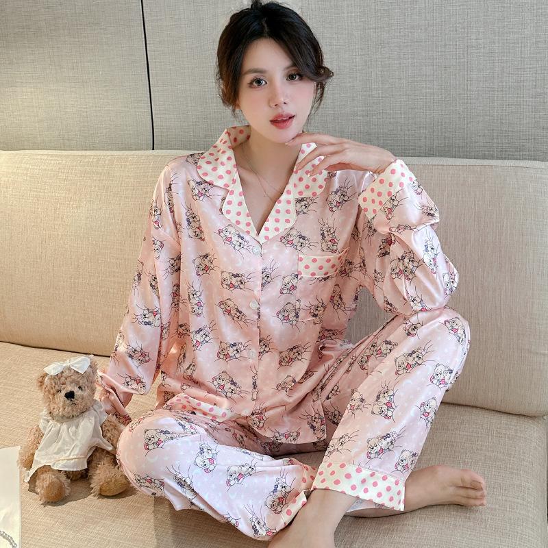 Spring Cartoon Cute Polka Dot Bear Pajamas Women'S Long-Sleeved Lapel Loose And Comfortable Loungewear