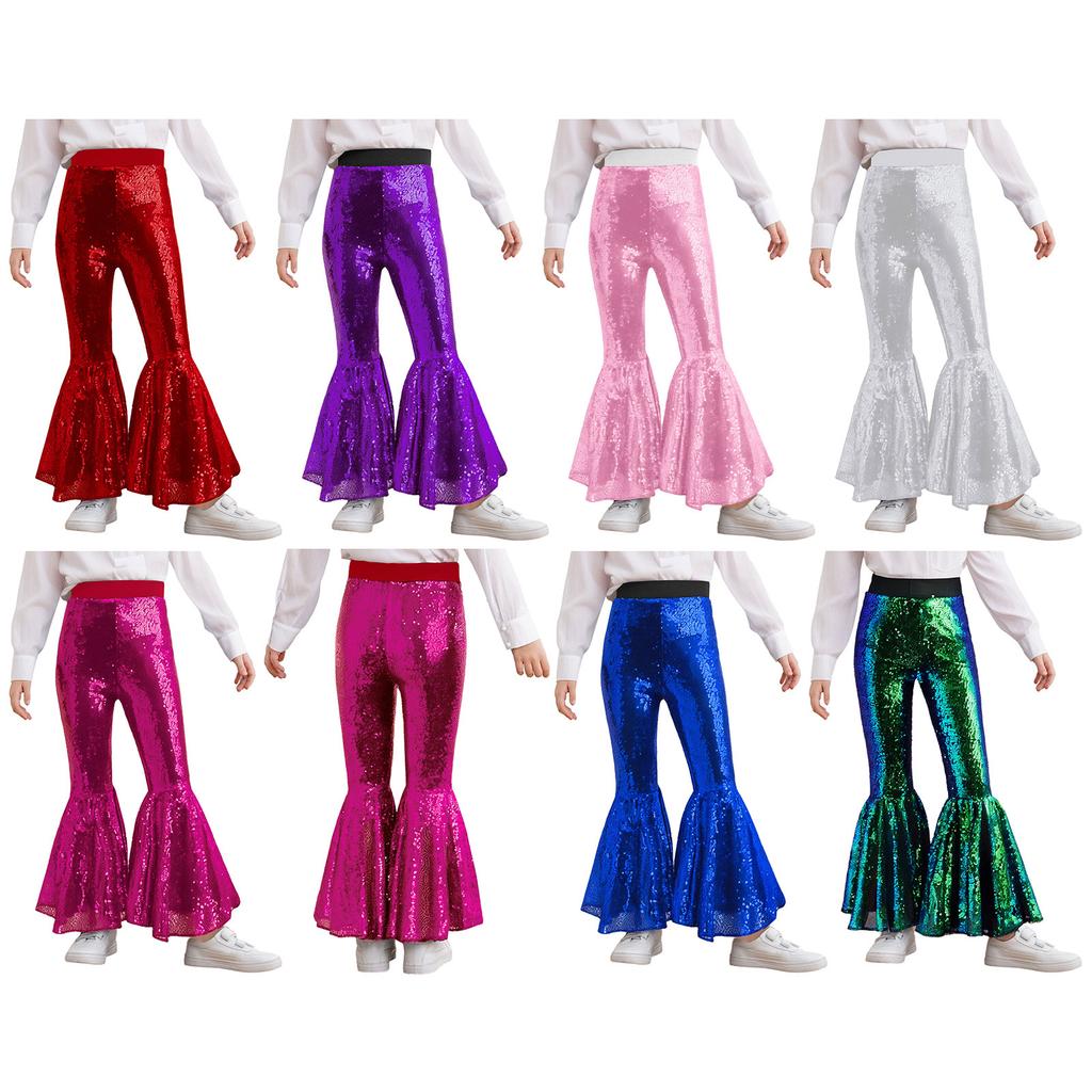 Eye-Catching Bell-Bottom Dance Pants for Girls: Full-Leg Glittery Sequin Design with Stretchy Waist for Movement