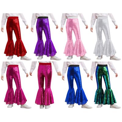 Girls Dance Performance Shiny Sequins Flared Pants Elastic Waistband Bell Bottom Trousers