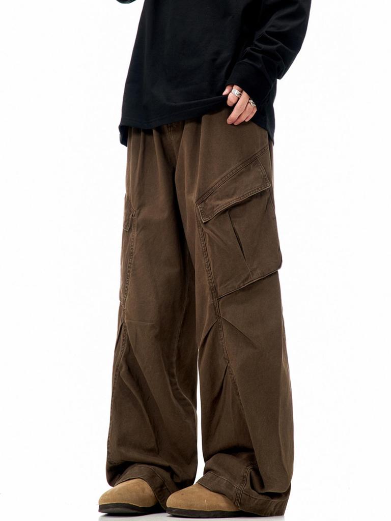 11KN Unisex Retro Wide Leg Work Pants with 3D Pockets - Pleated, Loose, Slimming, Casual, Long Fit