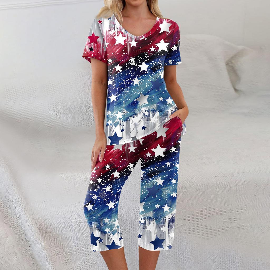 2 Piece Sets For Women Short Sleeve Top And Pants With Pockets Workout Soft Print Sets