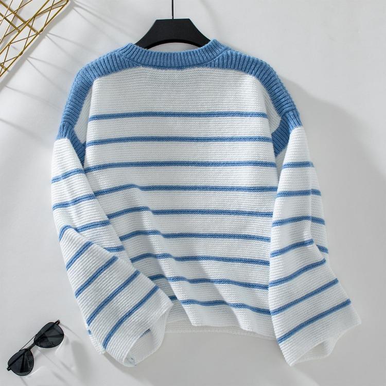 Vintage Stripe Cardigan Loose Knitwear Sweater Long Sleeve O Neck Top Autumn Winter
