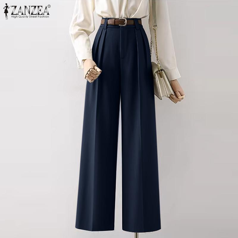 ZANZEA Women Summer Elastic Waist Solid Color Pleated Wide Leg Pants