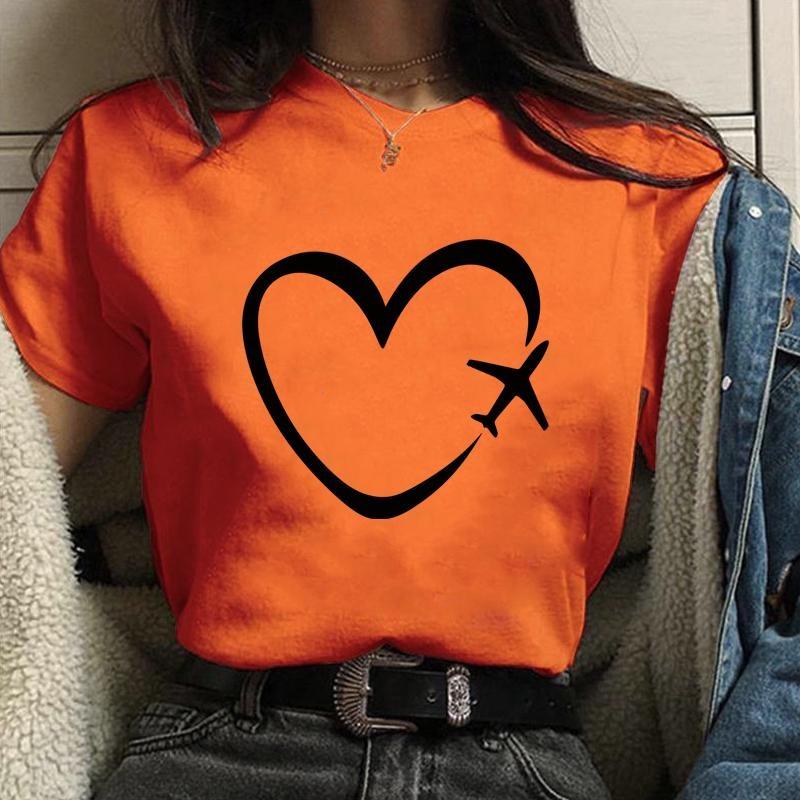 Personalized Creative Airplane Heart Pattern Printed T-Shirt Women's Fashion Shirt Casual Outdoor Women's Round Neck Short Sleev