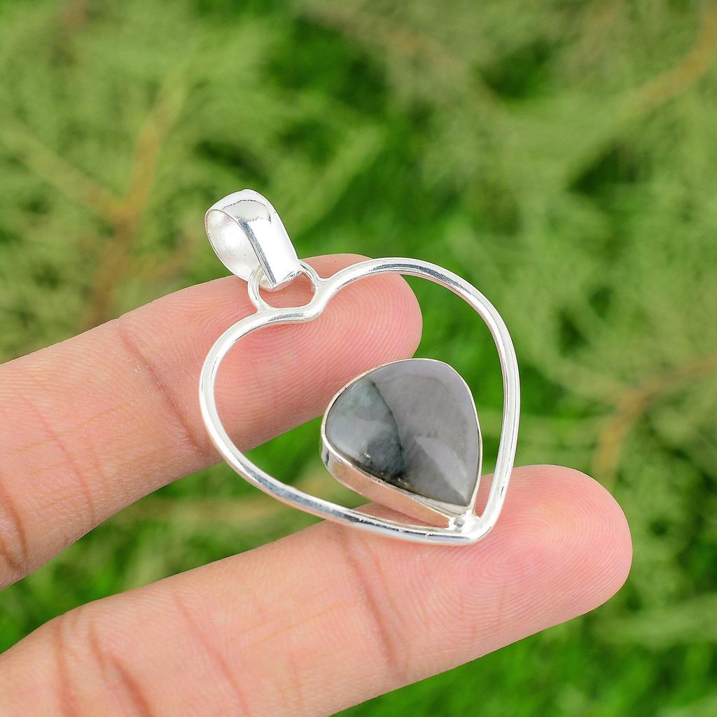 Daughters Day Sale 925 Sterling Silver Moss Agate Stone Heart Elegant Pendant