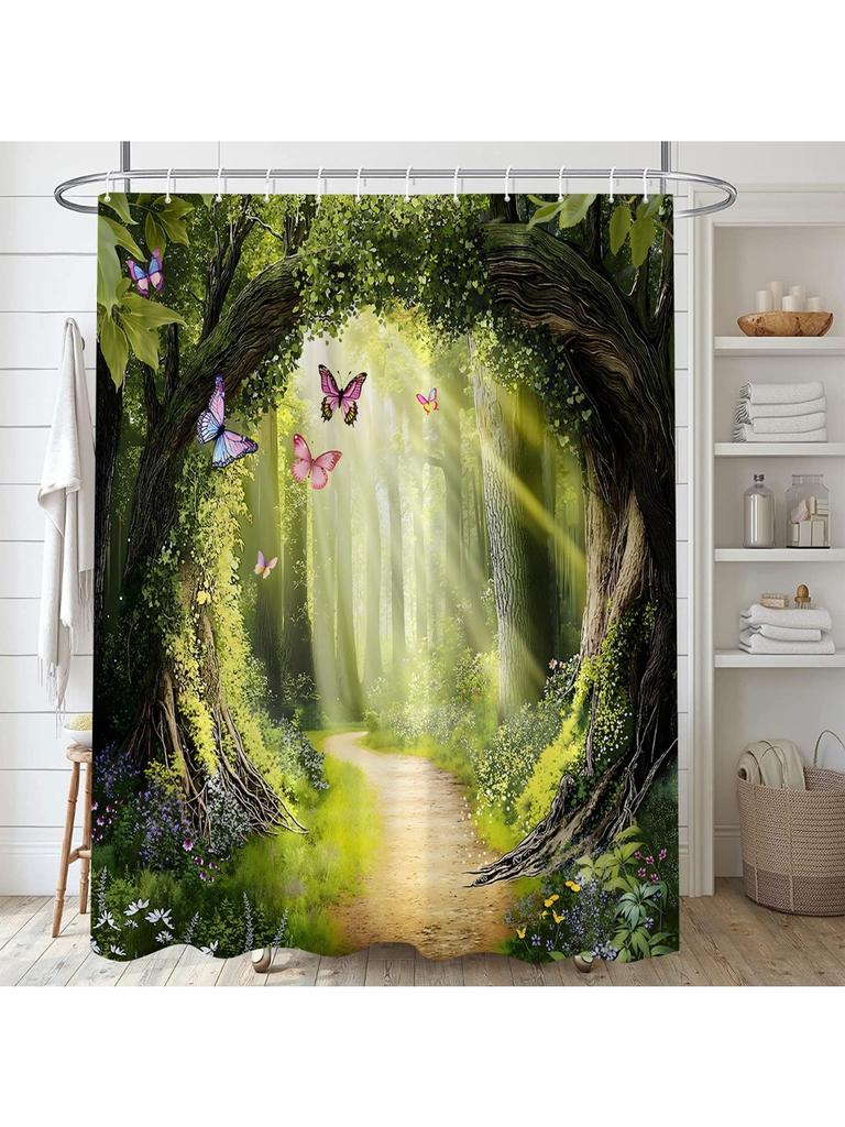 Verzauberter Wald Duschvorhang Fantasy Grün Natur Baum Floral Schmetterling Märchen Wunderland Dschungel Regenwald Natürlich