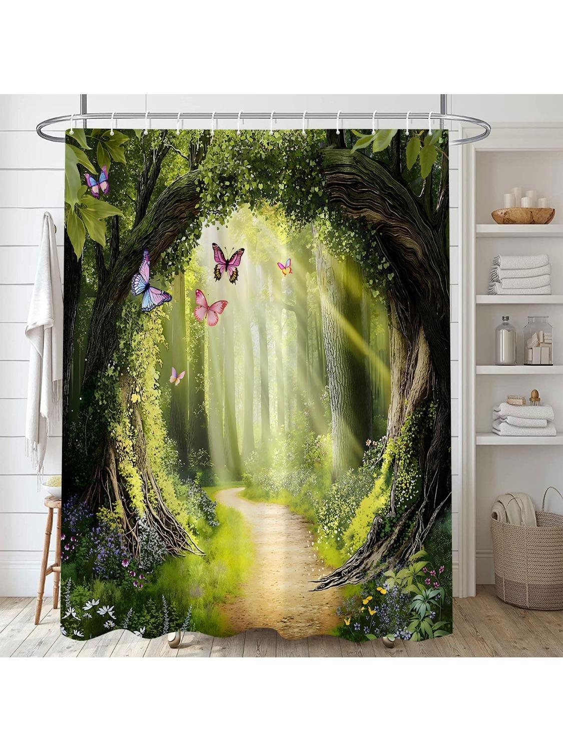 Enchanted Forest Shower Curtain Fantasy Green Nature Tree Floral Butterfly Fairytale Wonderland Jungle Rainforest Natural 90x180CM