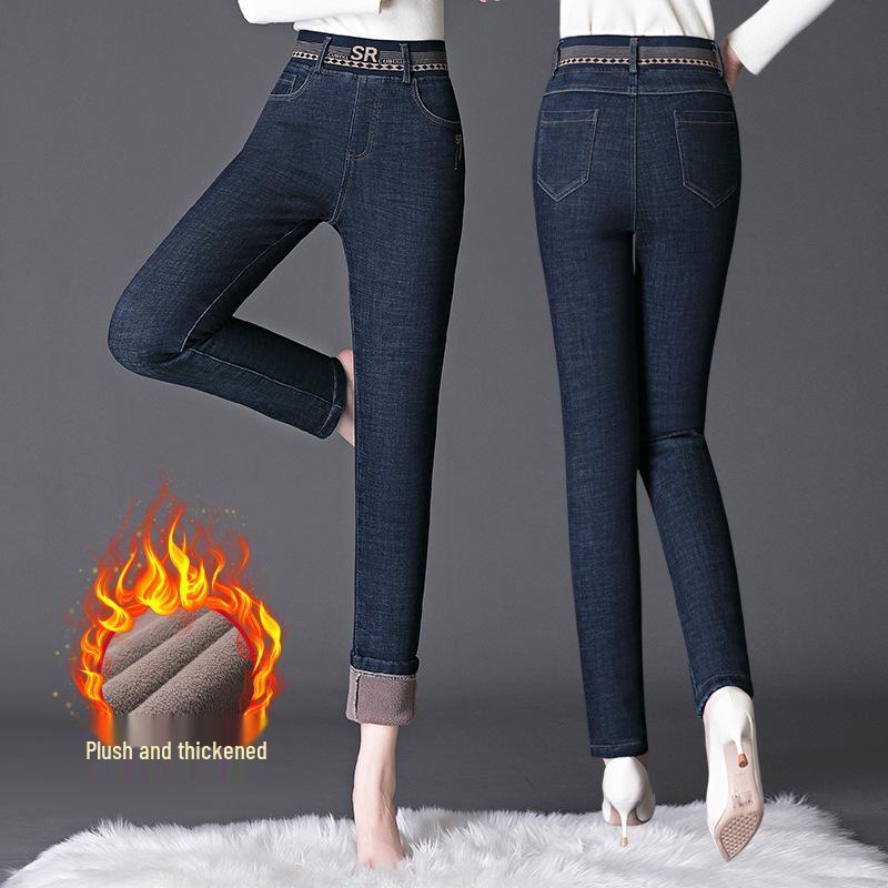 2023 Zimowe Damskie Elastyczne Jeansy Slim Fit z Prostą Nogawką i Wysokim Stanem, Ocieplane Polarem
