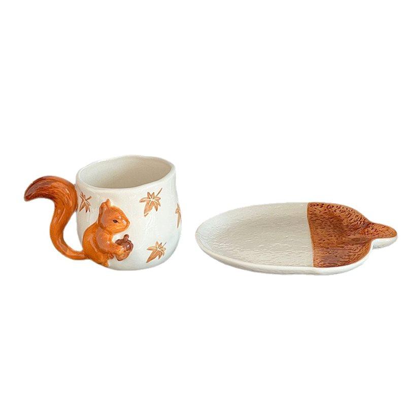 ABBY-Coffee Mug& Porcelain Cup Lovely Squirrel Relief Design Flower Mugs Afternoon Tea Teacup Fruits Juice Cup Sauce B