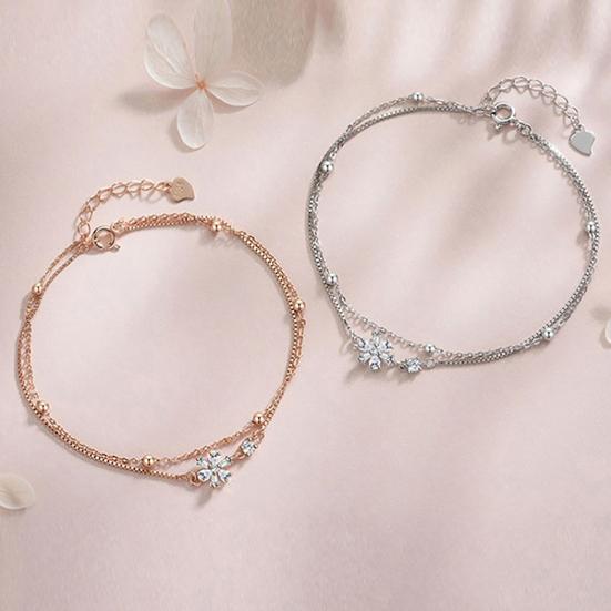 Women Bracelet Double-Layer Cherry Blossom Pendant Bracelet with Rhinestones Inlaid Hollow Design Adjustable Length Bracelet