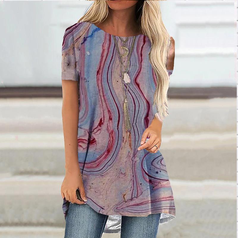 

Зручна жіноча футболка з круглим коміром і короткими рукавами з принтом «Рожева річка» великих розмірів, повсякденна мішкувата футболка середньої довжини для жінок 8XL рожевий