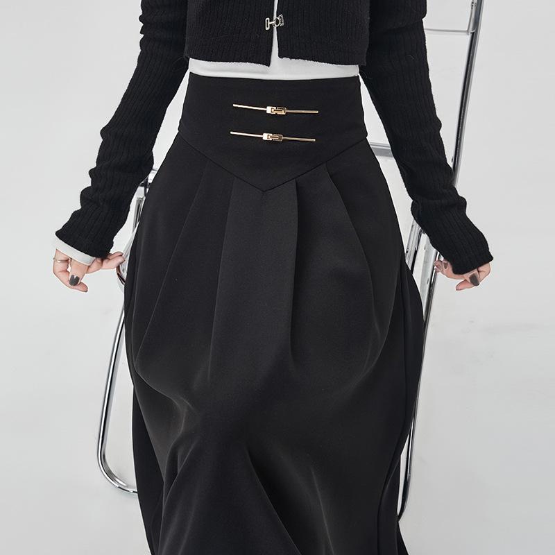 Pleated Midi A-line Skirt - Chinese Style Hepburn, Solid Color, Wide Hem, Hip Covering, Trendy Umbrella Design M чёрный