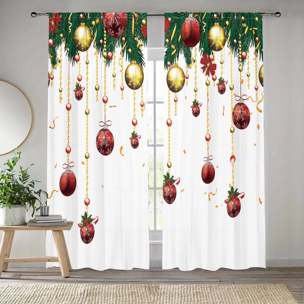 Christmas Bell Print Curtains Polyester Satin Artistic Classic Style Home Decor for Living Room and Bedroom Window Drapes 2pcs