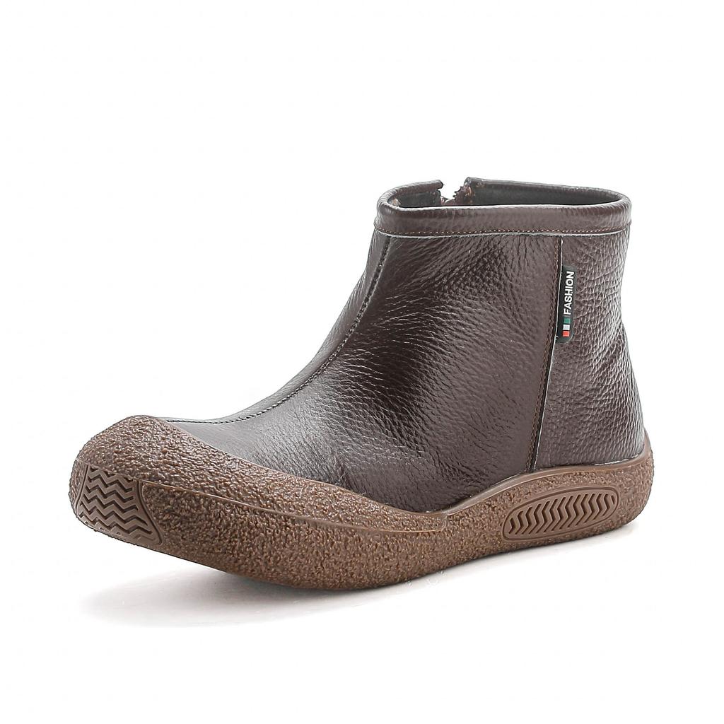 Leather Short Boots for Women Flat Bottom Autumn and Winter New Retro Side Zipper Soft Bottom Thick Sole Martin Boots