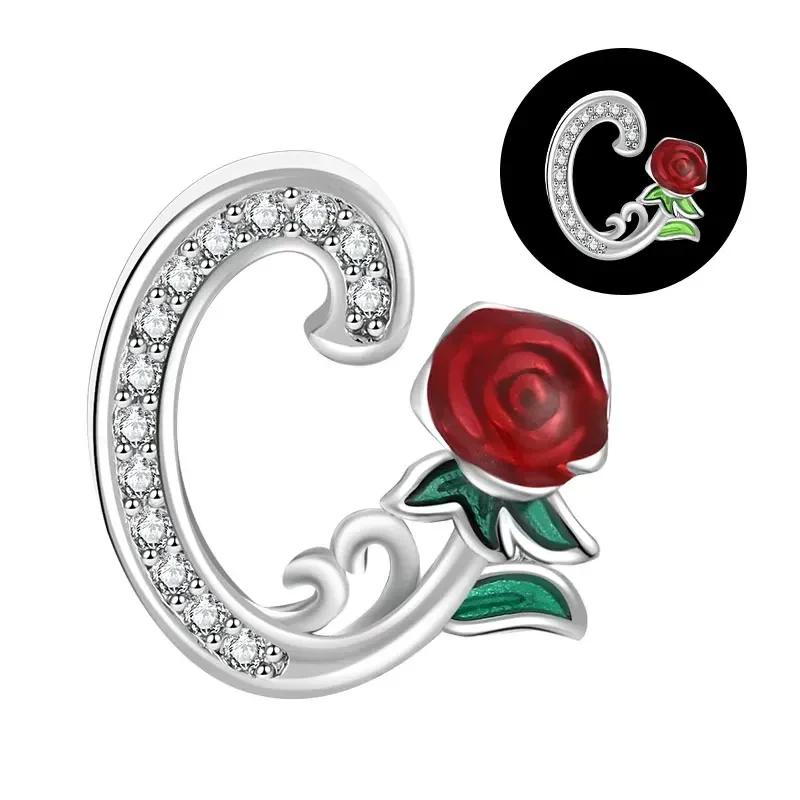 Copper 26 Letter A-Z Red Rose Charms Luminous Bead Fits Genuine Bracelets Do-It-Yourself Beautiful Jewellery Beautiful Gift For Women