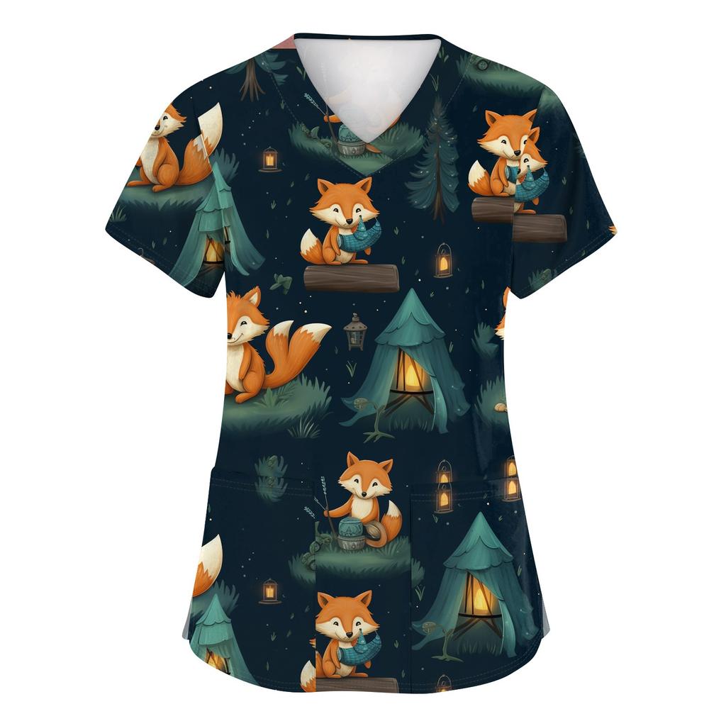 Women's Fashion Short Sleeve Cute Animal Printed V-Neck Pocket Workwear Tops