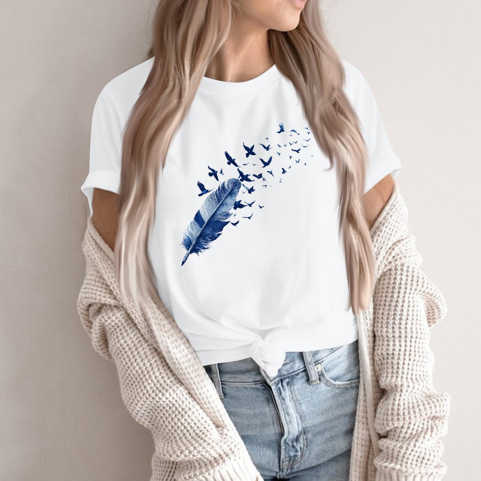 

Women s Fashion Casual Printed Round Neck Short Sleeved Pullover T-Shirt Top M білий