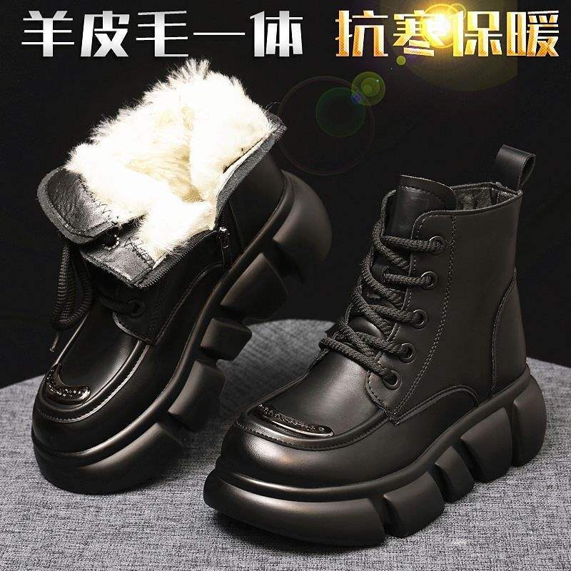 Fur integrated snow boots women's winter real soft leather cotton boots women's thick-soled Martin boots women's short boots thickened warm cotton 