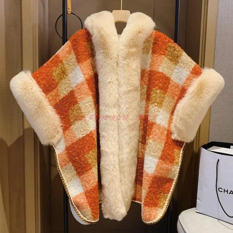 

Winter Loose Velvet Thickened Plaid Hooded Fur Collar Cape Shawl Women S Knitted Cardigan Jacket 0139 # average size помаранчевий