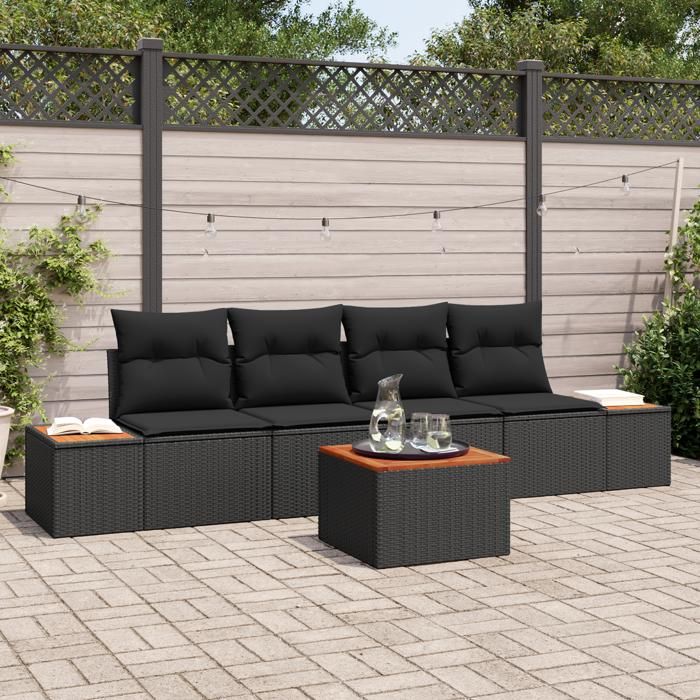 Ensemble de canapés de jardin vidaXL 5 pièces avec coussins en rotin noir poly 3356688