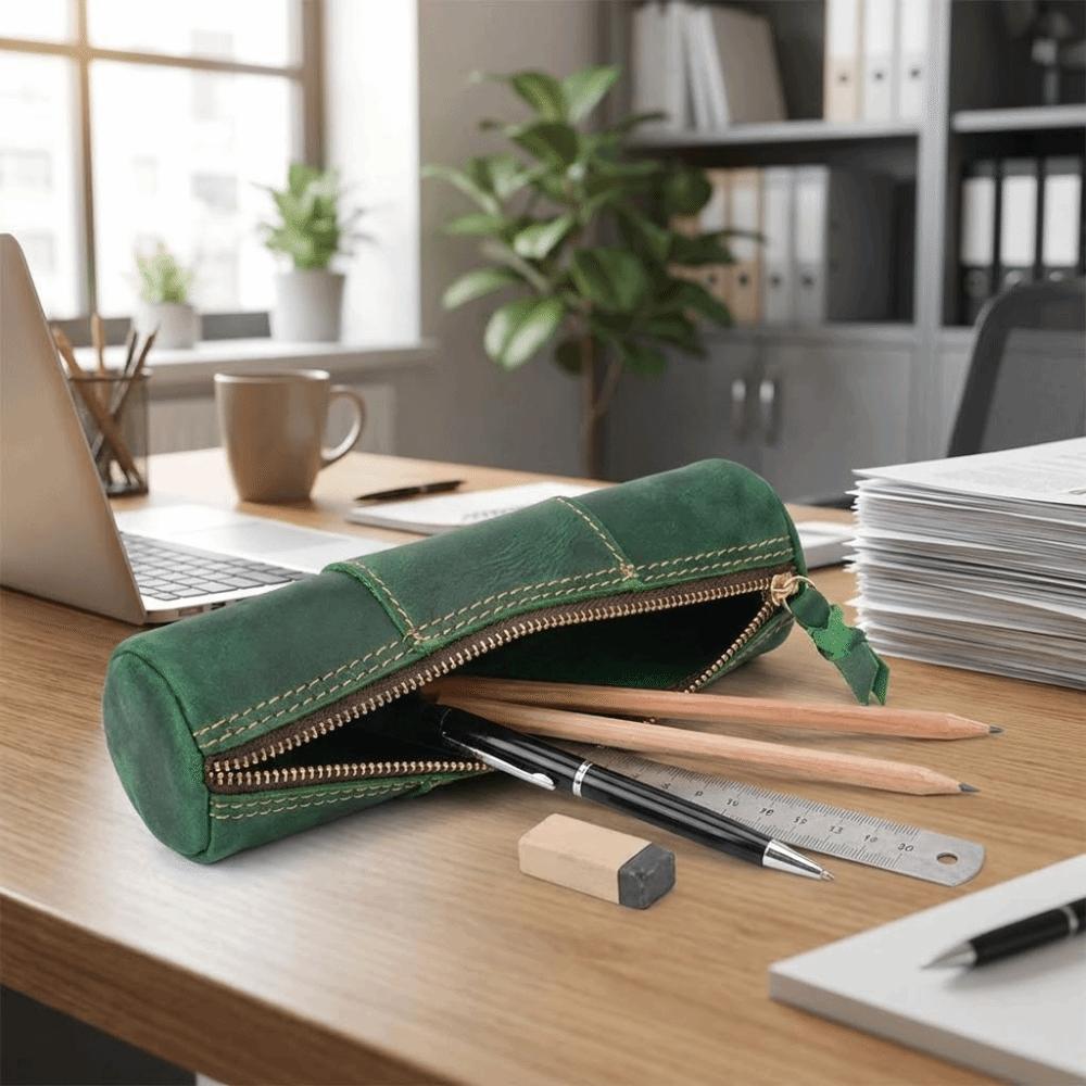 Genuine Cowhide Leather Pencil Case Retro Zipper Pencil Holder Storage Pouch Stationery Storage