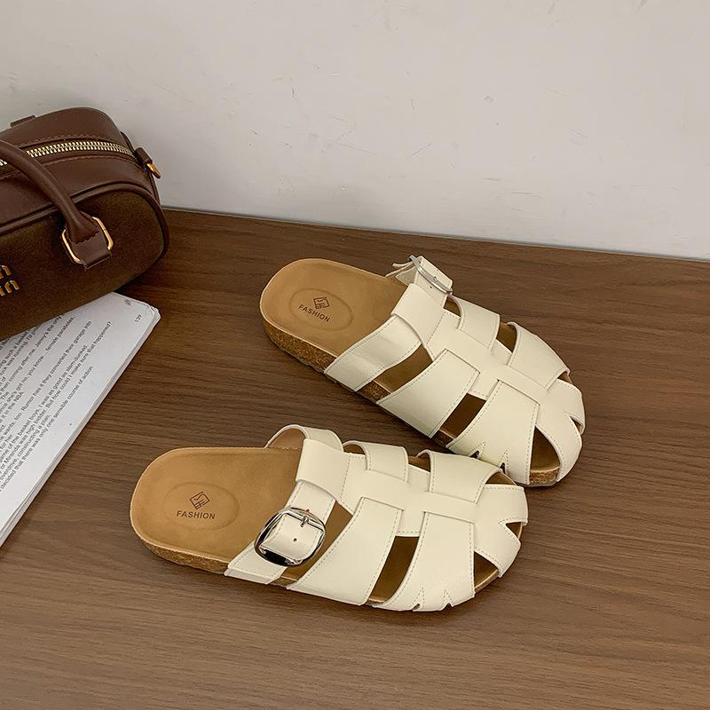 Baotou half slippers women's 2025 summer new woven hollow Roman cool slippers thick bottom one pedal Birkenstock