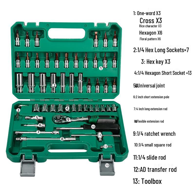 53-Piece 72-Tooth Socket and Ratchet Wrench Set for Car Repair