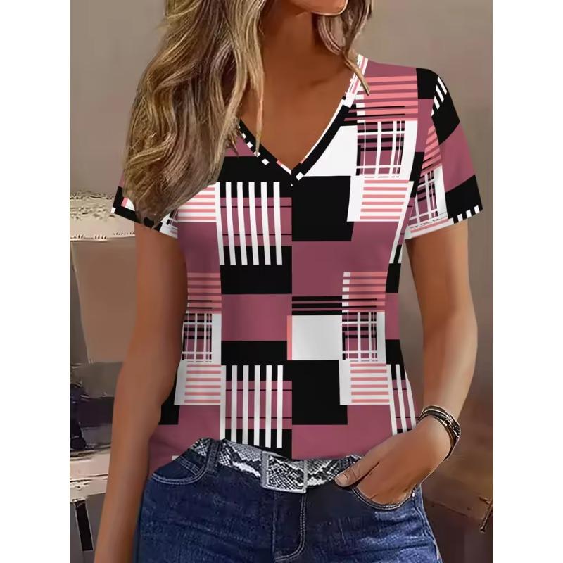 Vintage Summer New Women's 3D Plaid Print T-Shirt V-Neck Short Sleeves Tees Y2k Fashion Female Tops Streetwear Women's Clothing