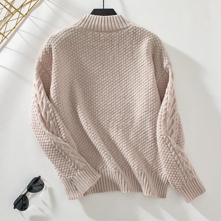 Vintage Loose Stand Collar Knitwear Sweater Long Sleeve Solid Color Pullover Top for Autumn Winter
