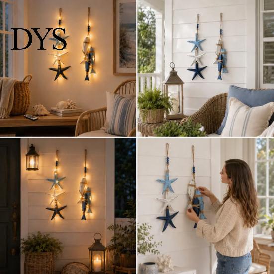 Waterproof LED String Lights Lighted Wooden Fish Starfish Wall Decor, Beachy Decor with Warm LEDs, Bathroom And Bedroom Coastal Nautical Hanging