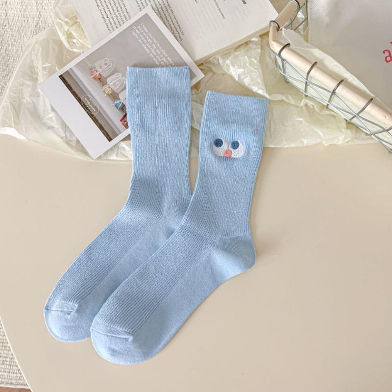 

Осень Чистый Хлопок, Милое Улыбающееся Лицо, Большие Глаза, Вышивка, Веселая Девочка, Новые и Озорные Абстрактные Гольфы до середины икры, Однотонные Носки для Девочек 1 pair синий