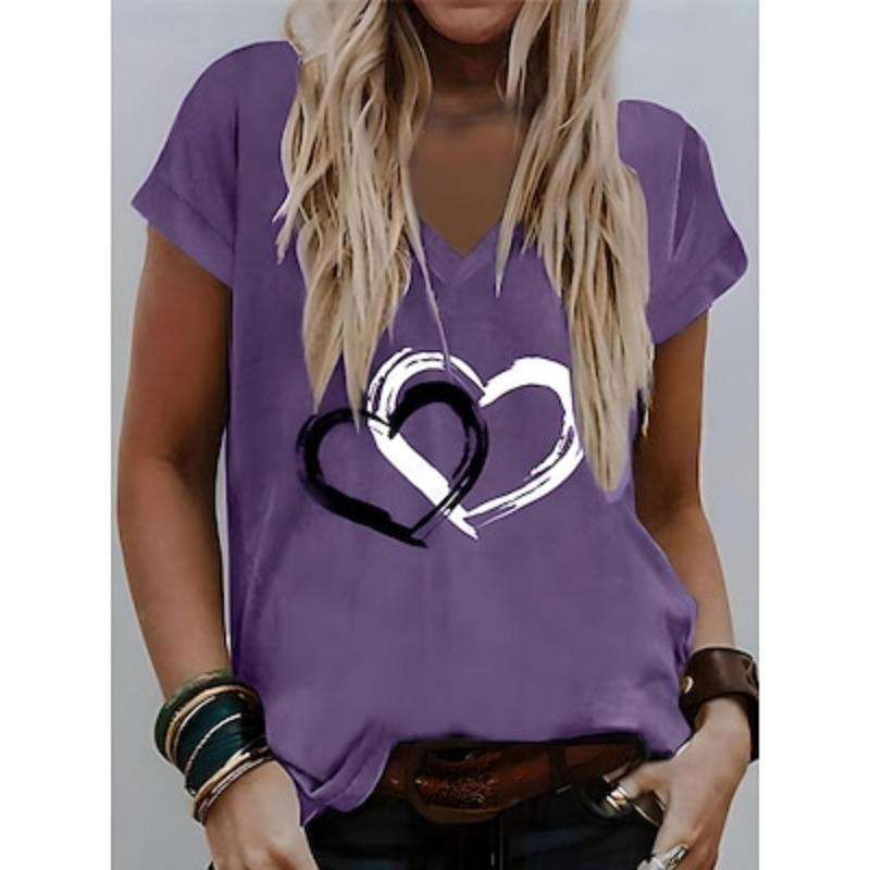 

Женская футболка с сердечками в стиле «Валентин» Базовые обычные топы с коротким рукавом и V-образным вырезом с принтом Стандартный крой Топ выходного дня в честь Дня святого Валентина 3XL