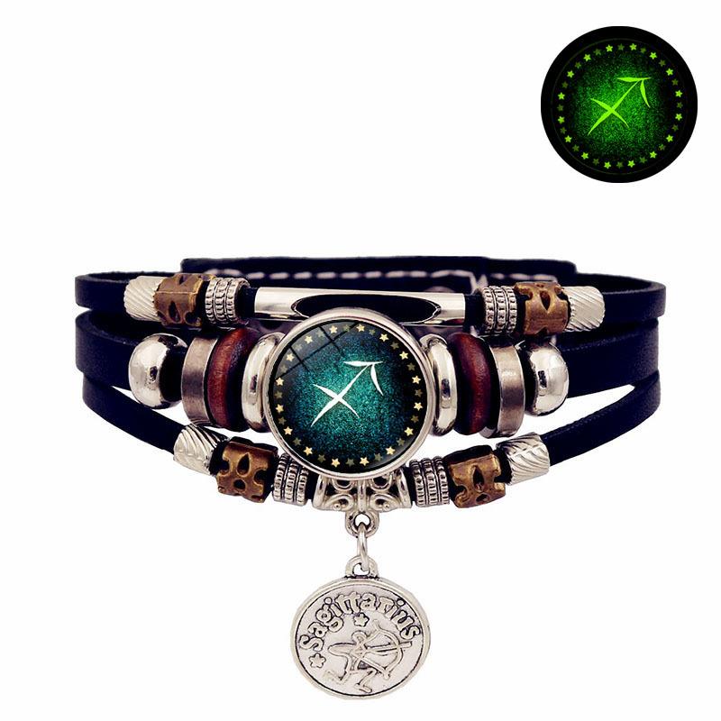 

Glow-In-The-Dark Leather Bracelet With Starry Sky And Constellation Patterns, Multi-Layered Beaded Leather Bracelet. 3-Sagittarius