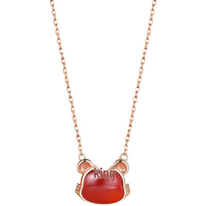 Women's Little Tiger Clavicle Necklace with Red Agate Zodiac Pendant - Year of the Tiger Gift