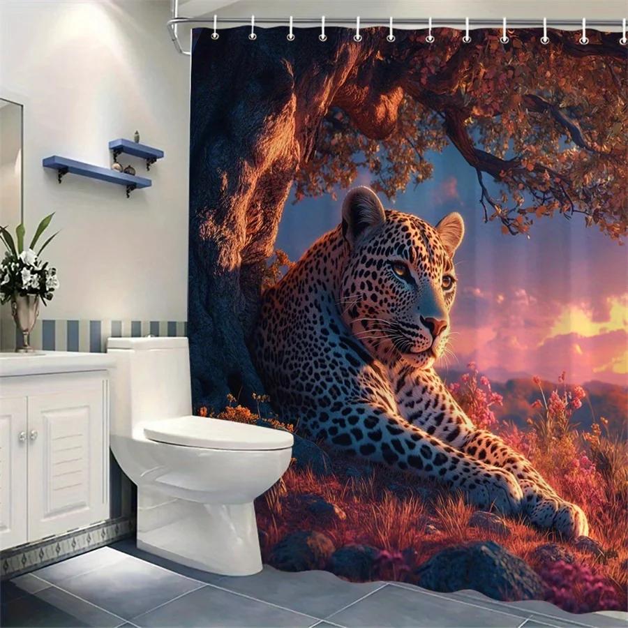 1pc Sunset Leopard Shower Curtain with Majestic Leopard Resting Under a Tree, Vibrant Orange and Pink Sunset Sky, Mystical Atmos