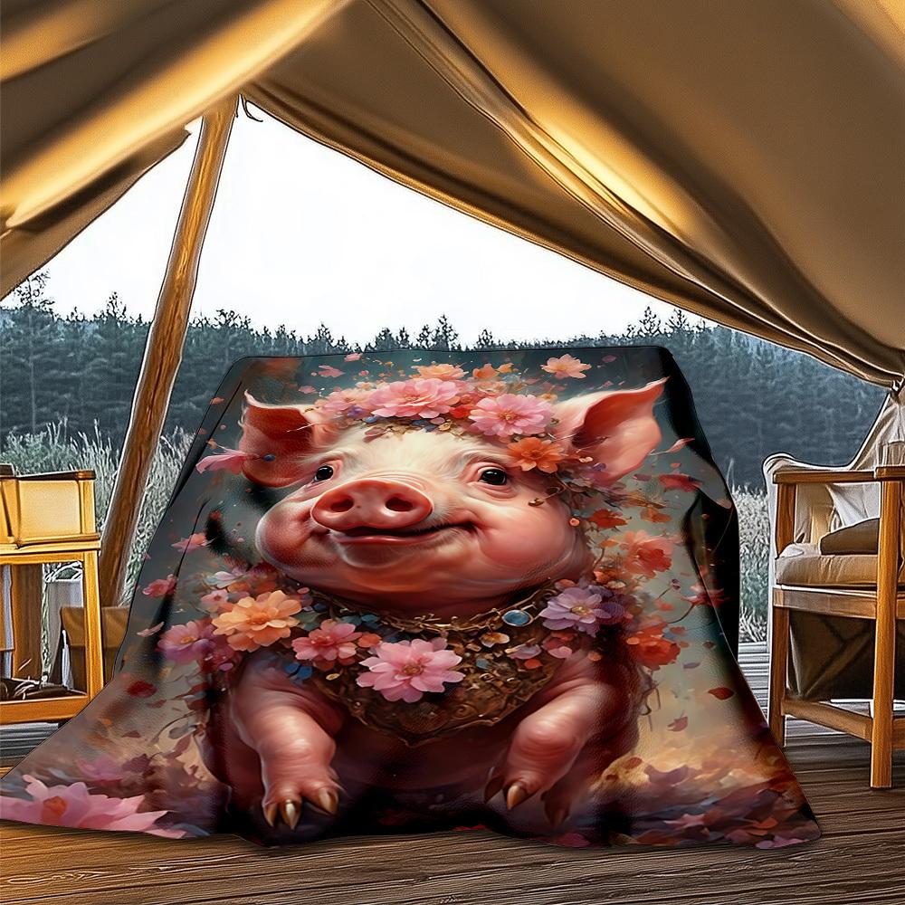 1pc Floral Pig Decorative Throw Blanket Polyester Fiber, Lightweight Flannel, Soft & Warm, All Season Use for Outdoor, Camping Digital Print