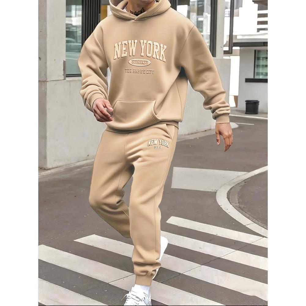 Men's Autumn and Winter Casual Fashion Two-piece Set, Hooded Long Sleeved Sweatshirt and Pants with New York Embossed Print