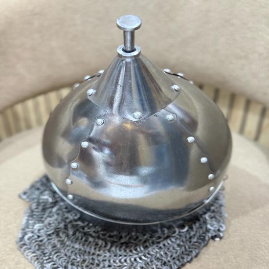 Handmade 16 Gauge Steel Medieval Helmet with Riveted Chainmail – Silver Polish & Decorative Golden, LARP Cosplay Gift