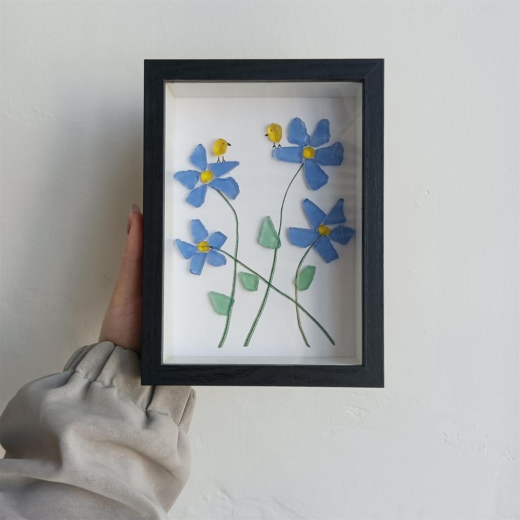 Sea Glass Flower And Bird Photo Frame, Home Desktop Decoration, Sea Glass Art Photo Frame Painting