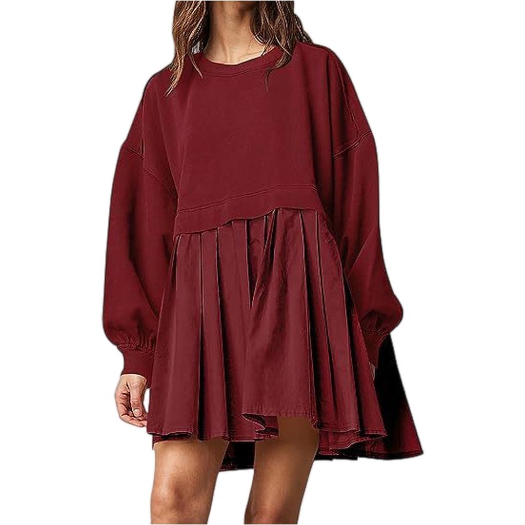 Women's Color Block Pleated Sweatshirt Dress Casual Loose Fit Two Piece
