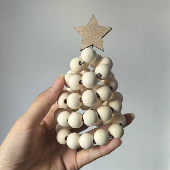 Nordic Wooden Spiral Christmas Tree Ornament Rustic Beaded Boho Christmas Tree Figurine for Home Office Farmhouse Centerpiece