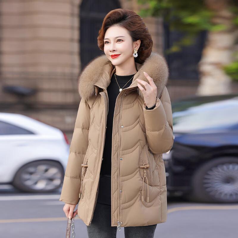 YAYA Women's Elegant Mid-Aged Winter Down Jacket with Large Fur Collar
