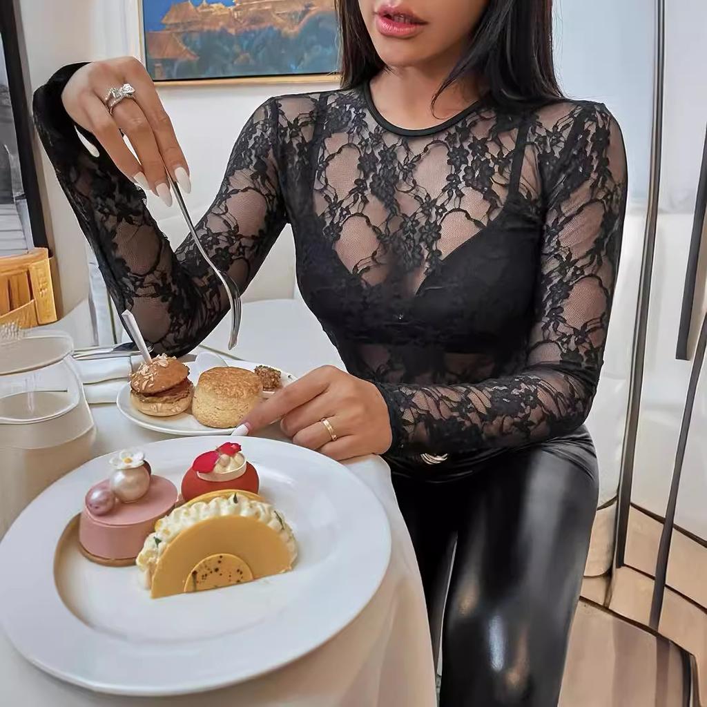 Tricou Elegant cu Dantelă cu Un Singur Strat, Fără Sutiene, Slimming, cu Gât Rotund, cu Mâneci Lungi, Tricouri, Articole de Modă Versatile Esențiale pentru Garderobă, Cămașă