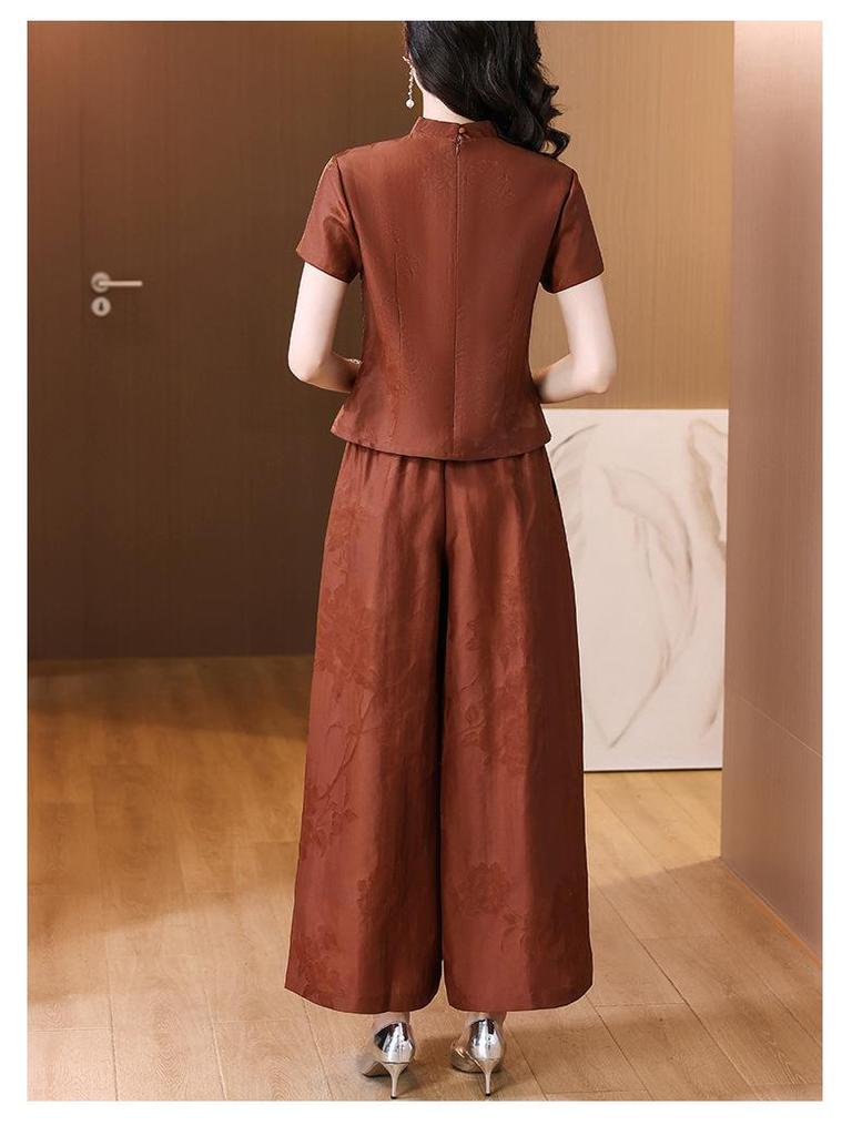 Elegant Xiangyun Silk Summer Suit: Age-Defying Mother’s Top and Wide-Leg Pants in New Chinese Style