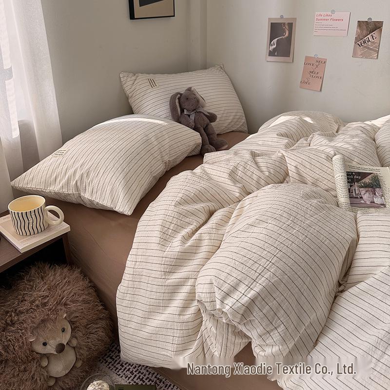 Blogger Style Cotton Striped Bedding Set - 4-Piece Duvet & Sheet Set, Home & Student Use