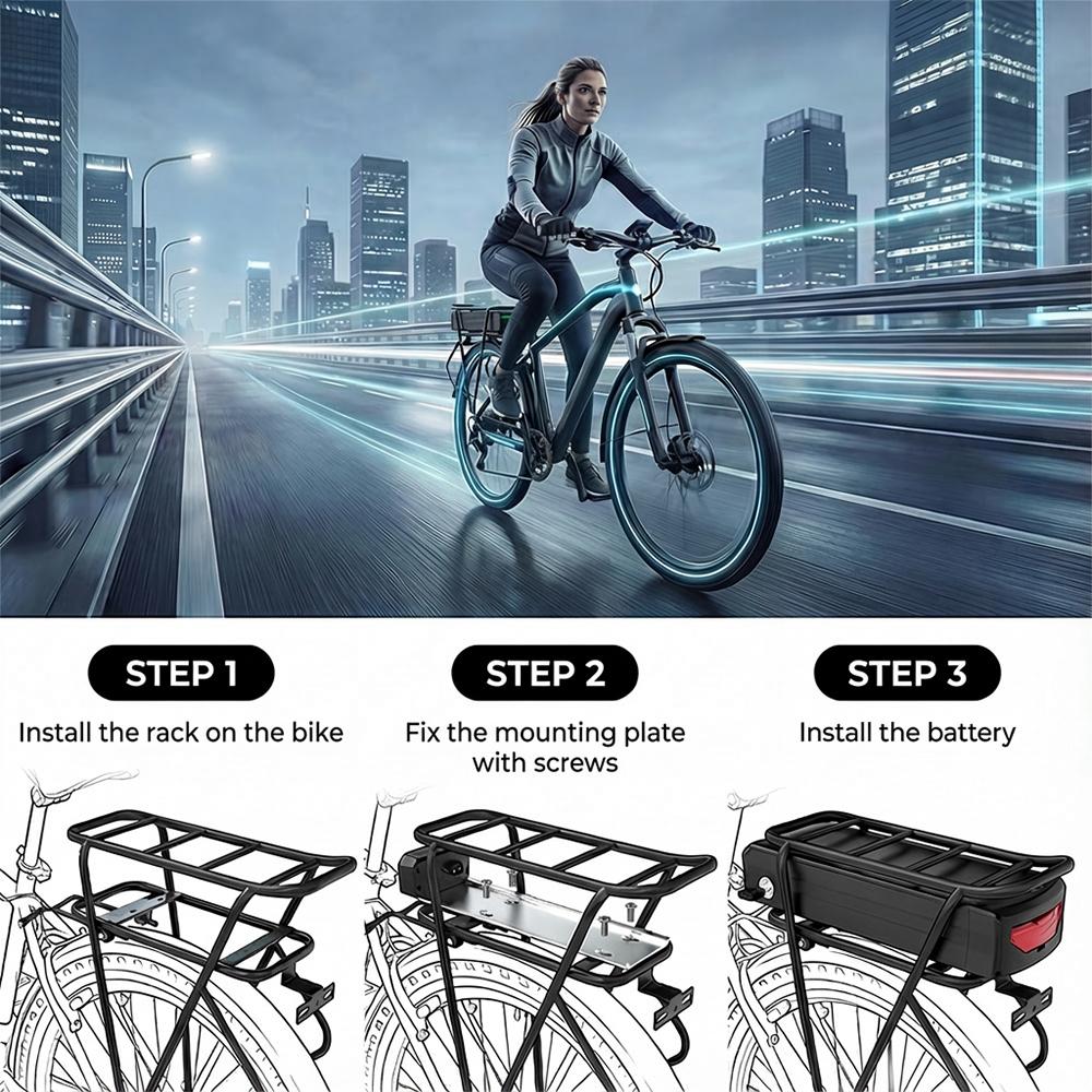 German Stock 48V 31.2Ah Ebike Lithium Battery with 5200mAh Cells & 50A BMS XT60, Includes Rear Rack for Cargo Bike