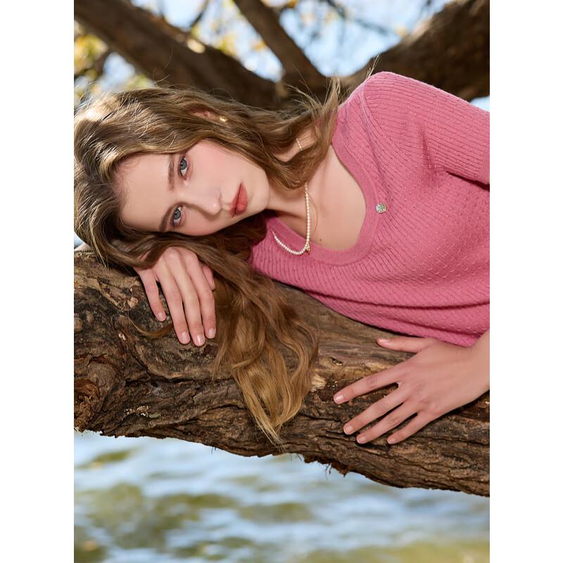 Sancai Dámský svetr s krátkým rukávem a copánkovým vzorem ze směsi vlny